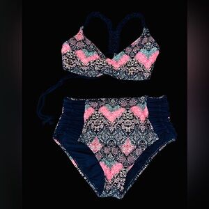 NWT Retro High Waisted with Strapy Sided Bottoms Pink and Blue Bikini szS